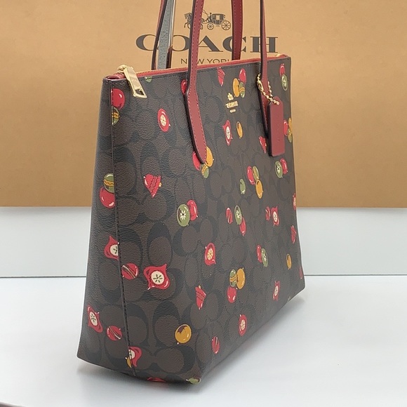 NWT COACH Zip Top Tote In Signature Canvas With Ornament Print Brown /Black Mult - Picture 4 of 16
